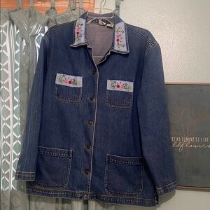 GAP Embroidered Dark Blue Denim Jacket with Floral Trim